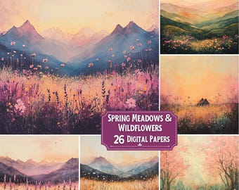 Paquete de papel digital de prados primaverales y flores silvestres, fondos de acuarela para scrapbooking, manualidades y diario basura.