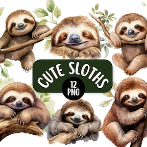 Cute Watercolour Sloths 12 PNG Clipart Bundle | Transparent Backgrounds | Commercial Use | Card Making Designs | Cute Jungle Animal Graphics