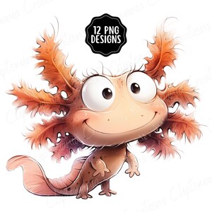 May include: A cartoon axolotl illustration with a smiling expression. The axolotl is peach and brown, with large eyes and feathery gills. A black circle with the text "12 PNG DESIGNS" is in the upper right corner.