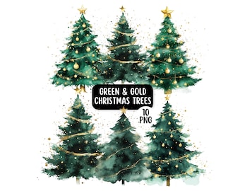 10 PNG Green & Gold Watercolour Christmas Tree Clipart Bundle, Traditional Christmas Clipart, Abstract Christmas Trees, Digital Scrapbooking