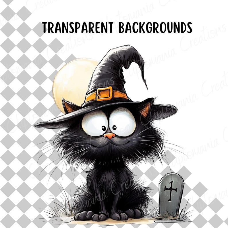 May include: A cartoon illustration of a black cat wearing a witch hat with an orange buckle, sitting in front of a tombstone and a full moon. The cat has large white eyes and long whiskers. The text "TRANSPARENT BACKGROUNDS" is at the top.