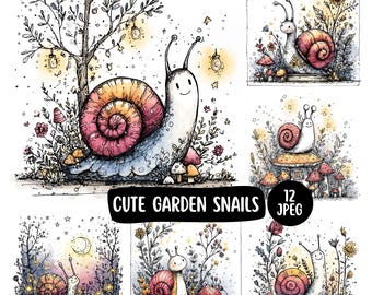 Cute Snail Clipart Bundle 12 JPEG, Whimsical Garden Snails With Magical Mushrooms and Flowers, Digital Paper Pack For Scrapbooking & Crafts