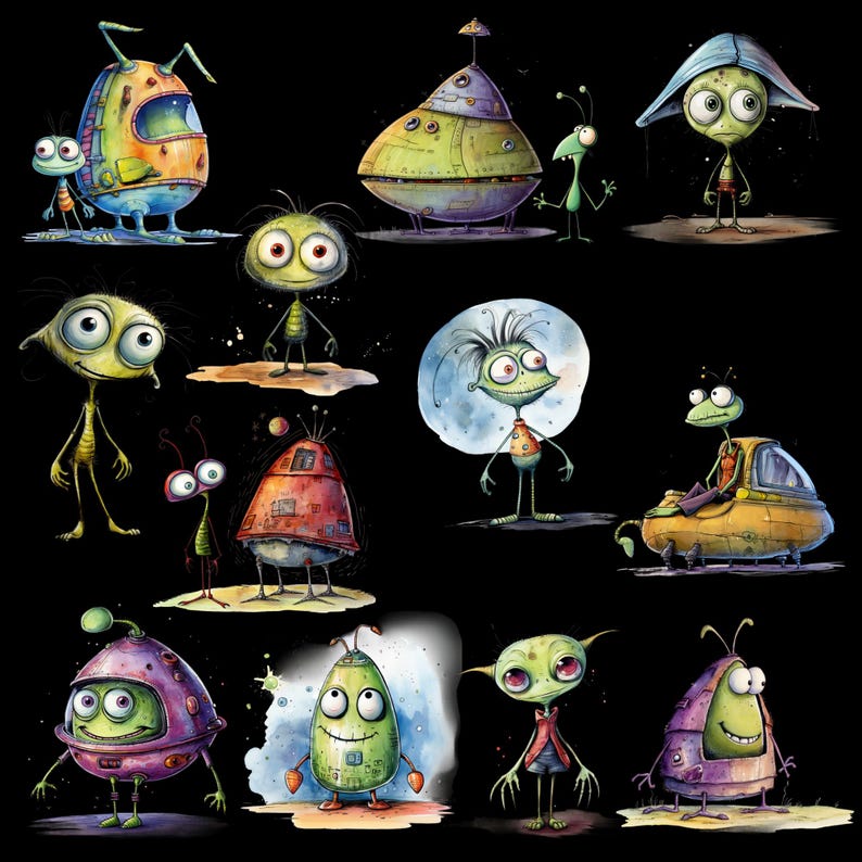 May include: A colorful illustration of various alien characters, including a green alien in a spaceship, a purple alien with a spaceship helmet, and a green alien with a yellow spaceship. The aliens are all drawn in a cartoon style and have large eyes and expressive faces.