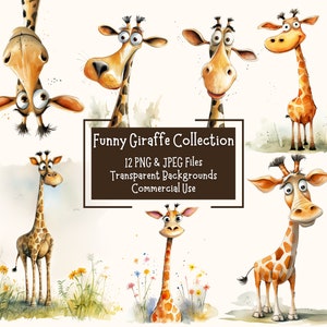 Pacote de clipart de girafa fofo e engraçado 12 arquivos PNG e JPEG | Fundos transparentes | Uso Comercial | Download Digital | Diário Lixo
