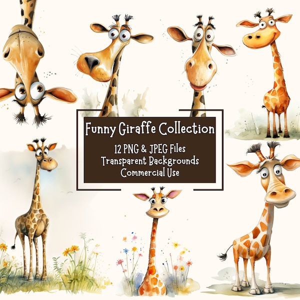 Cute And Funny Giraffe Clipart Bundle 12 PNG & JPEG Files | Transparent Backgrounds | Commercial Use | Digital Download | Junk Journal