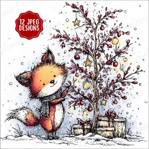 May include: A whimsical illustration of a fox wearing a scarf, standing next to a decorated tree with ornaments and gifts. The image has a winter theme with falling snow and the text "12 JPEG DESIGNS" in a red circle.