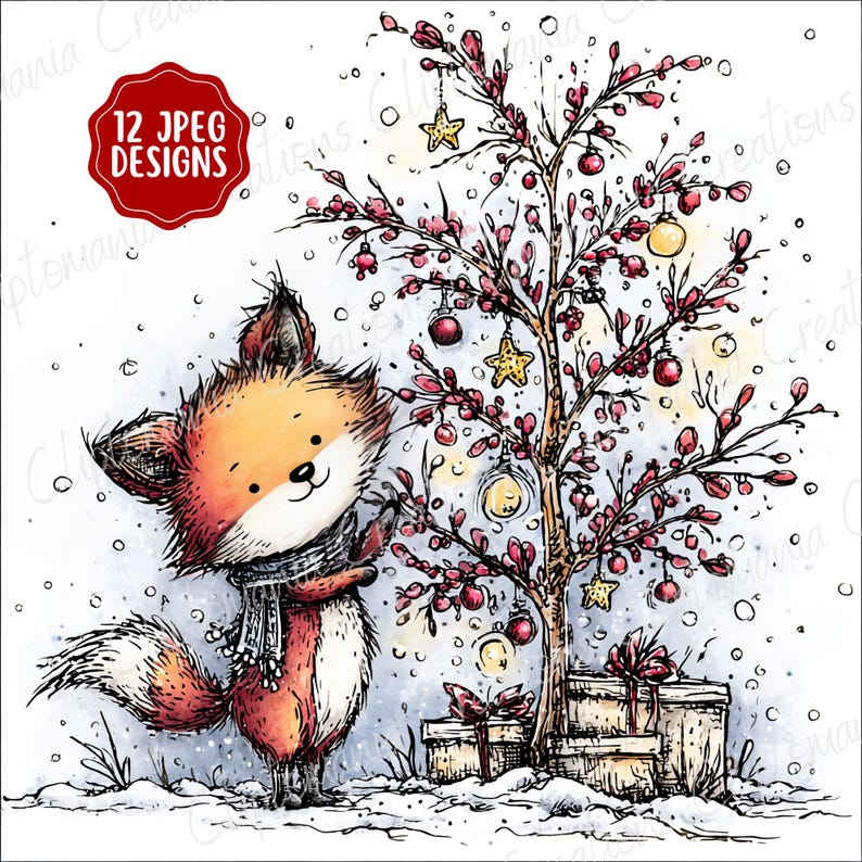 May include: A whimsical illustration of a fox wearing a scarf, standing next to a decorated tree with ornaments and gifts. The image has a winter theme with falling snow and the text "12 JPEG DESIGNS" in a red circle.