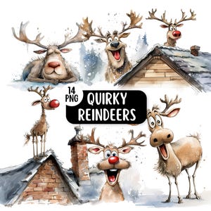 Quirky Reindeer PNG Clipart Bundle, Cute & Funny Christmas Reindeer, Transparent Backgrounds, Card Making, Festive Clipart Digital Download