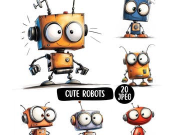 20 JPEG Cute Robot Clipart Bundle, Watercolour Clipart, Printable Funny Robot Graphics, Children's Clipart, Commercial Use