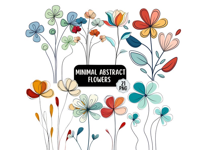 Minimal Abstract Flowers Clipart PNG | Modern Floral Line Art | Colourful Botanical Illustration | 21 PNG image 1