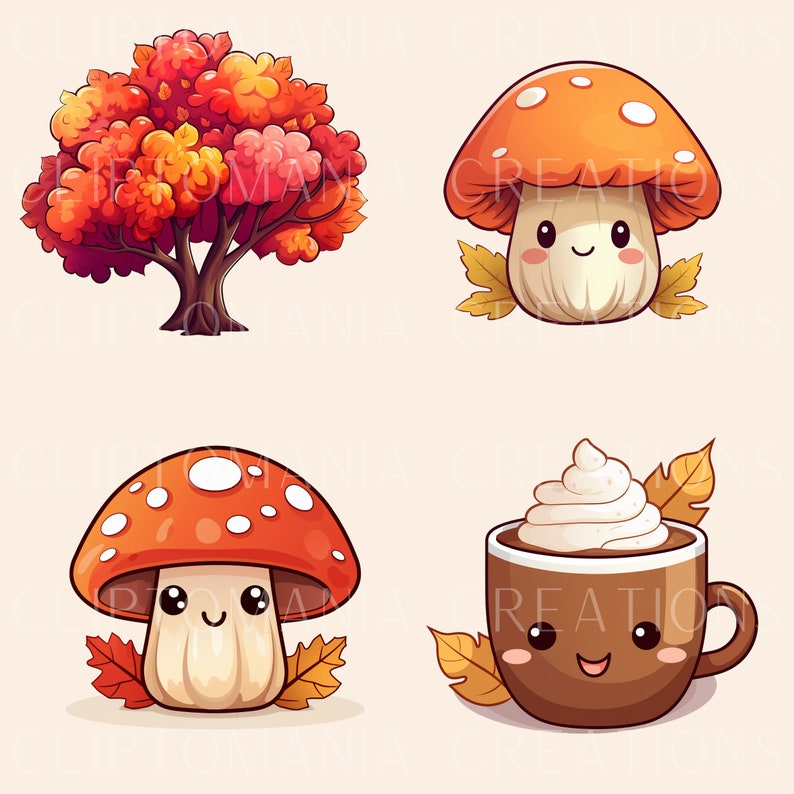 May include: Four cartoon illustrations of autumnal objects: a red and orange tree, a red and white mushroom with a smiling face, a red and white mushroom with a smiling face, and a brown coffee mug with whipped cream and a smiling face.