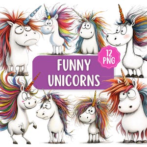 Paquete de 12 imágenes prediseñadas de unicornios divertidos y coloridos / Creación de tarjetas / Unicornios extravagantes / Gráficos de fantasía imprimibles / Unicornios de acuarela