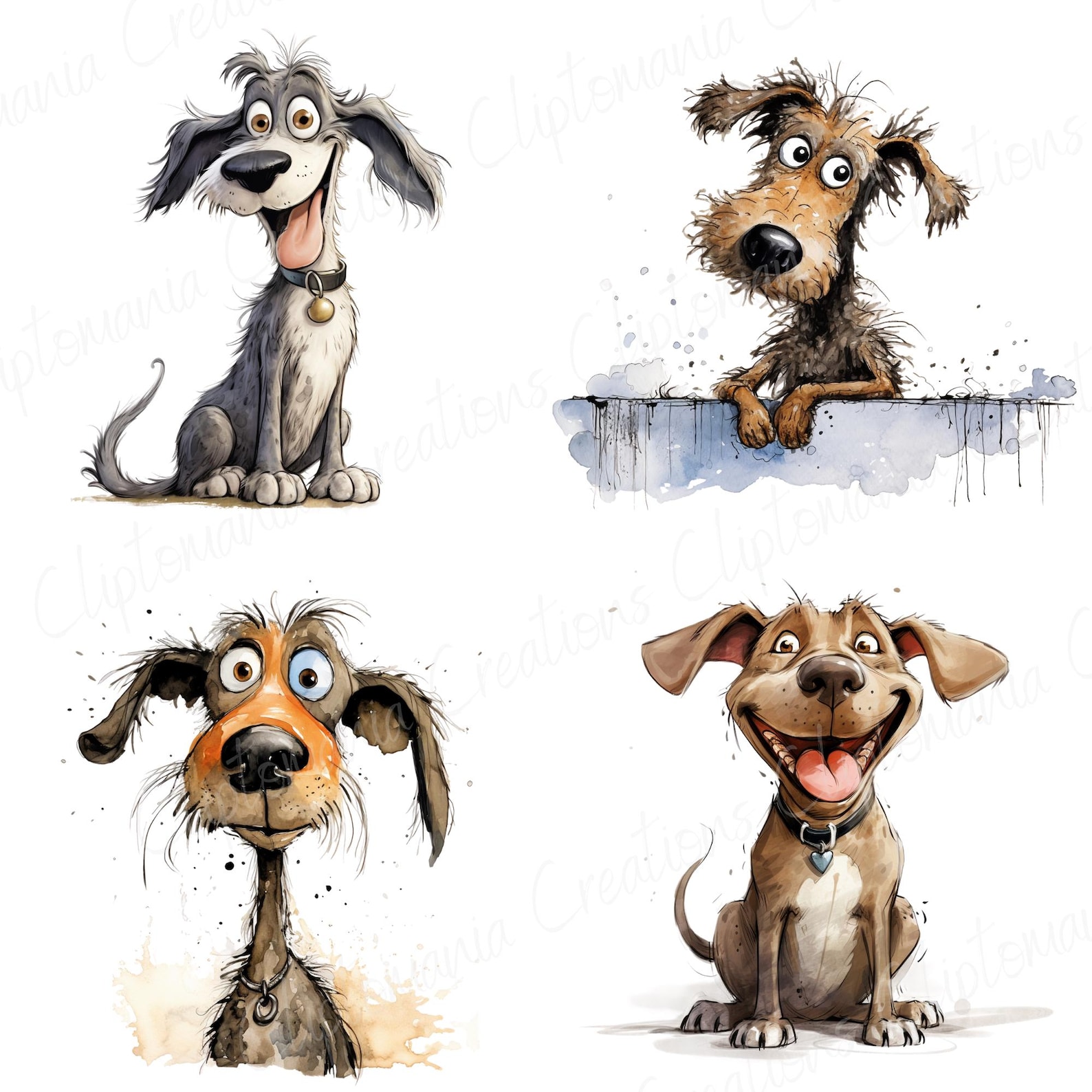 Cute and Funny Watercolour Dog PNG Clipart Bundle, Quirky Dog Breed ...