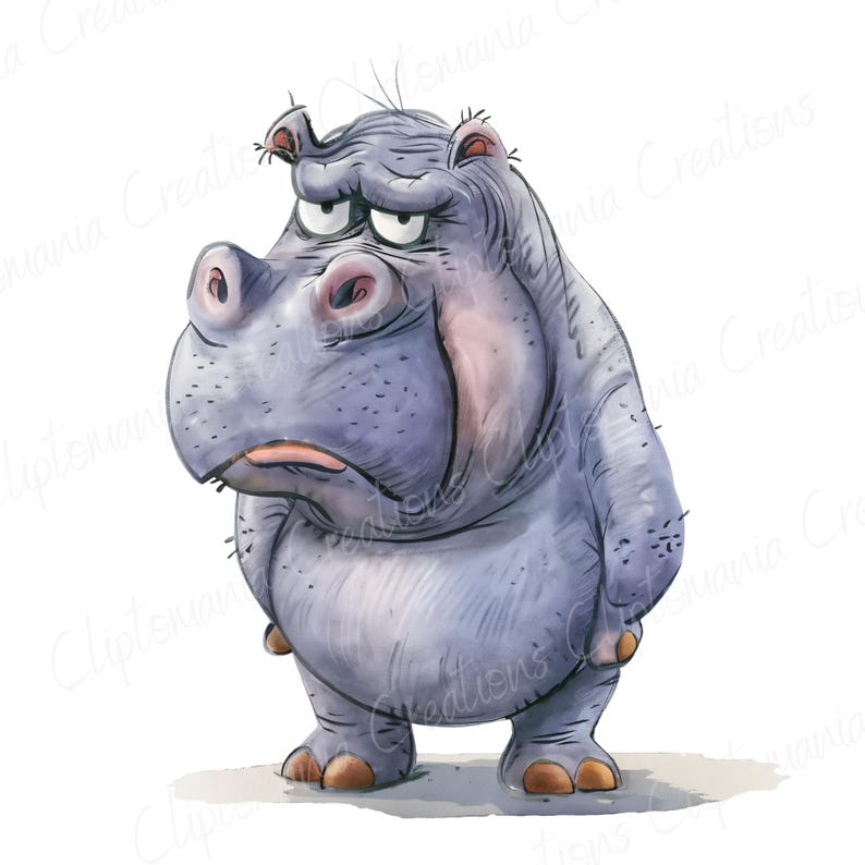Cute & Funny Unhappy Hippo Clipart Bundle, 12 PNG Transparent Backgrounds, Digital Download, Funny Watercolour Animals, Safari Animal PNG image 4