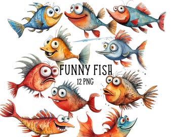 Funny Fish Clipart Bundle 12 PNG Watercolour Clipart Transparent Backgrounds Digital Download, Cute Quirky Fish Graphics, Fishing Clipart
