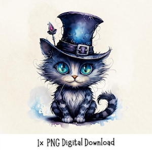 May include: A blue and white cat with a whimsical expression wears a dark blue top hat with a silver buckle. The cat's eyes are a bright blue, and the hat has a starry pattern. The background is a soft watercolor wash of blue and white.