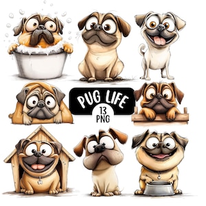 Rolig mops PNG Clipart-paket, akvarell hund Clipart, digital nedladdning, udda husdjurshund Clipart, rolig djur Clipart, tecknad mops