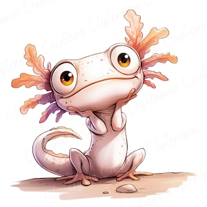 May include: A cartoon illustration of a white axolotl with large, expressive eyes and orange gills. The axolotl is resting its chin on its hands, with a thoughtful expression. The background is a simple, light brown surface.