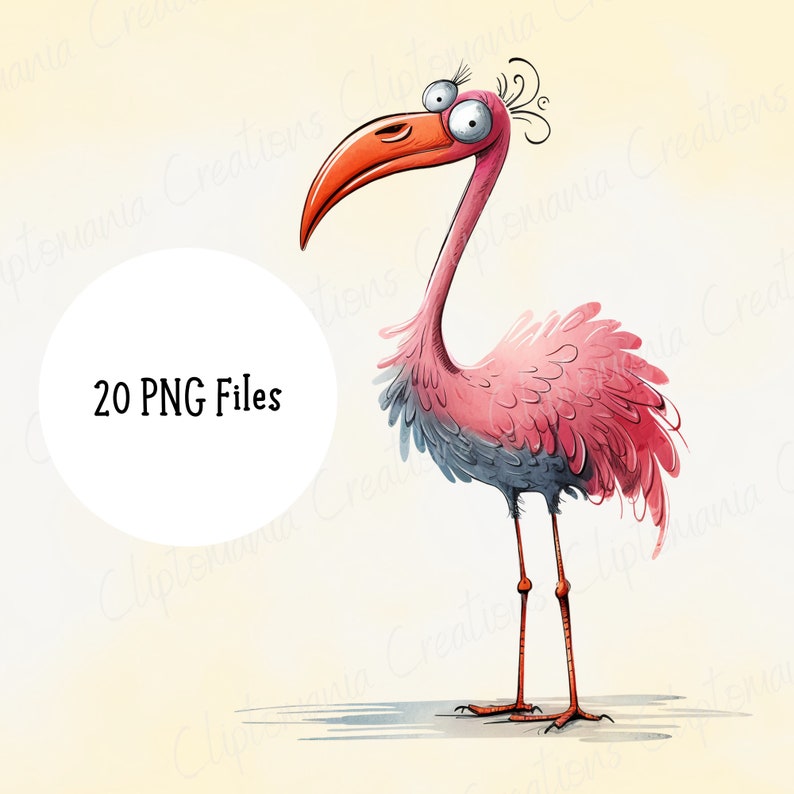 May include: A whimsical watercolor illustration of a flamingo with a long, curved orange beak, googly eyes, and pink feathers. The flamingo has long, thin orange legs and the text "20 PNG Files" is in a white circle.