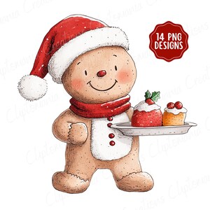 Puede incluir: Ilustraci&oacute;n en acuarela de un hombre de jengibre con un gorro de Pap&aacute; Noel y una bufanda roja, sosteniendo una bandeja con dos cupcakes. El hombre de jengibre tiene mejillas rosadas y una expresi&oacute;n sonriente. Una insignia roja dice "14 PNG DESIGNS."