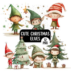 以下が含まれることがあります： かわいいクリスマスのエルフの水彩イラスト。緑と赤の衣装、帽子、スカーフを着たエルフが複数描かれています。「CUTE CHRISTMAS ELVES 12 PNG」というテキストが黒い長方形に表示されています。