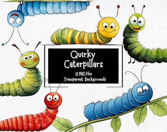 Cute And Funny Caterpillar Clipart Bundle 12 PNG Files | Transparent Backgrounds | Commercial Use | Digital Paper Craft | Junk Journal