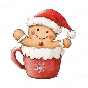 Puede incluir: Ilustraci&oacute;n en acuarela de un hombre de jengibre con un gorro de Pap&aacute; Noel, asom&aacute;ndose por una taza roja. La taza tiene un dise&ntilde;o de copo de nieve blanco y un borde blanco. El hombre de jengibre tiene mejillas rosadas y una cara sonriente.