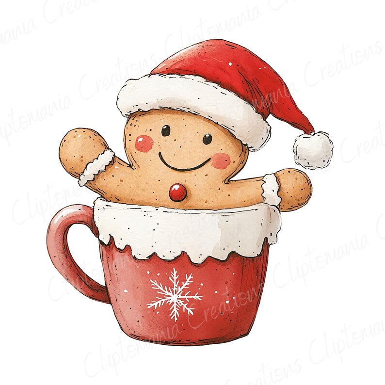 Puede incluir: Ilustraci&oacute;n en acuarela de un hombre de jengibre con un gorro de Pap&aacute; Noel, asom&aacute;ndose por una taza roja. La taza tiene un dise&ntilde;o de copo de nieve blanco y un borde blanco. El hombre de jengibre tiene mejillas rosadas y una cara sonriente.