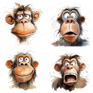 Cute And Funny Monkey Faces PNG Clipart Bundle, Transparent Backgrounds, Funny Jungle Animal Clipart, Quirky Watercolour Monkey Graphics image 3