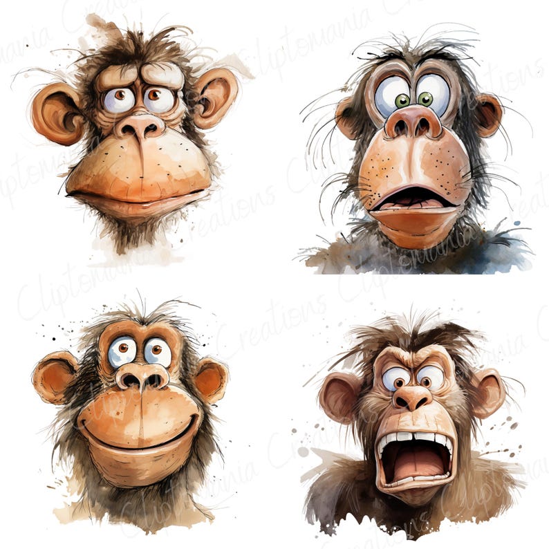Cute And Funny Monkey Faces PNG Clipart Bundle, Transparent Backgrounds, Funny Jungle Animal Clipart, Quirky Watercolour Monkey Graphics image 3