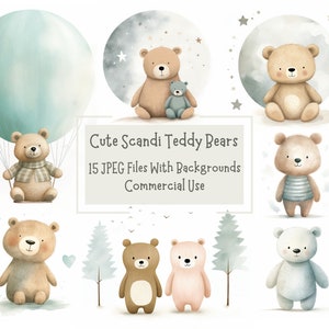 Cute Scandinavian Style Teddy Bear Clipart Bundle | 15 High Quality JPEG Illustrations With Backgrounds | Commercial Use | Junk Journal