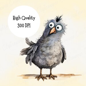 May include: A watercolor illustration of a quirky, wide-eyed bird with gray and black feathers. The bird has a large beak and is standing on two brown feet. Text in a white circle reads "High Quality 300 DPI."