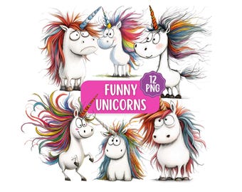 Colourful Funny Unicorn Clipart Bundle 12 PNG Designs, Card Making, Quirky Unicorns, Printable Fantasy, Watercolour Rainbow Unicorns