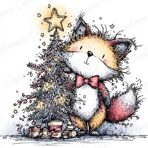 May include: A whimsical illustration of a fox with a red bow tie, standing next to a decorated Christmas tree topped with a star. Presents are at the base of the tree, with a watercolor effect background.