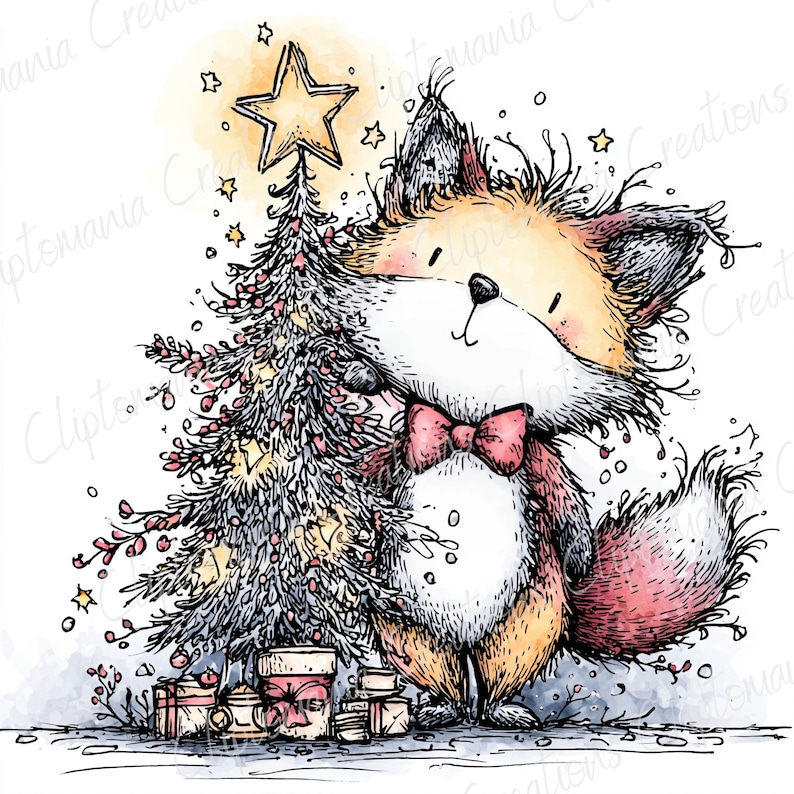 May include: A whimsical illustration of a fox with a red bow tie, standing next to a decorated Christmas tree topped with a star. Presents are at the base of the tree, with a watercolor effect background.