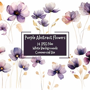 14 Purple & Gold Abstract Flowers Clipart Bundle | 300DPI JPEG Images With Backgrounds | Commercial Use | Printable Watercolour Flowers