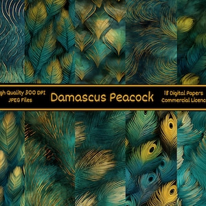 May include: 18 digital papers featuring a peacock feather pattern in shades of teal and gold. The papers are high quality, 300 DPI JPEG files and come with a commercial license.
