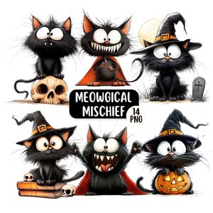 Pacote de imagens PNG de gatos fofos e engraçados para o Halloween - Download digital. Gráficos divertidos de gatos para o Halloween, perfeitos para artesanato em papel, confecção de cartões e convites DIY.