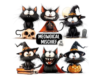 Niedliche lustige Halloween-Katze PNG-Clipart-Bundle digitaler Download schrullige Katzen-Halloween-Grafik für Papierhandwerks-Kartenherstellung und DIY-Einladungen