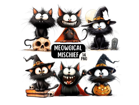Cute Funny Halloween Cat PNG Clipart Bundle Digital Download Quirky Cat Halloween Graphics for Paper Crafts Card Making And DIY Invitations
