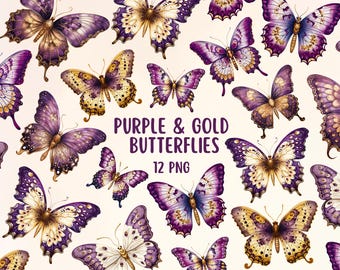 Purple And Gold Watercolour Butterfly Clipart Bundle 12 PNG, Transparent Backgrounds, Junk Journal, Digital Scrapbooking, Butterfly Ephemera