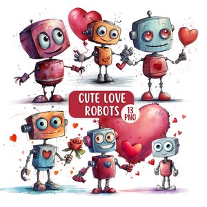 Cute Valentines Robot Clipart Bundle, Robot PNG, Quirky Valentines Day Clipart, Mothers Day Clipart, Card Making Designs
