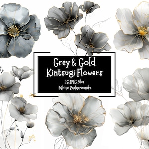 16 bundle di clipart di fiori astratti in stile Kintsugi grigio e oro / immagini JPEG 300DPI sfondi bianchi / uso commerciale / fiori ad acquerello