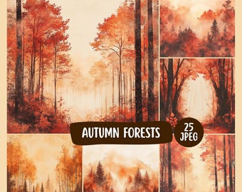 Autumn Forest Digital Papers, Watercolour Woodland Backgrounds, Fall Digital Paper Pack for Scrapbooking Crafts & Junk Journaling