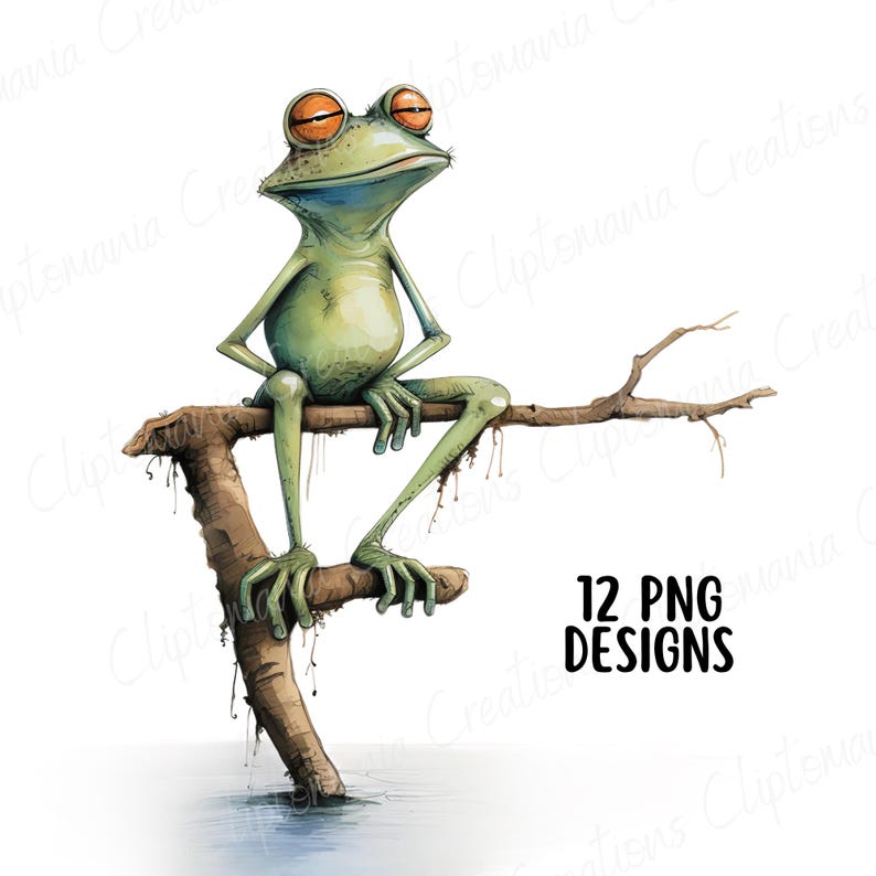 May include: A green frog with orange eyes sits on a branch over a body of water. The frog has a relaxed expression and is looking to the right. The branch is brown and has a few small branches coming off of it.