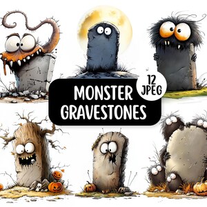 Monster Gravestone Clipart-bundel 12 JPEG-afbeeldingen | Witte achtergronden | Commercieel gebruik | Digitale download | Grappige Halloween-kerkhof-clipart