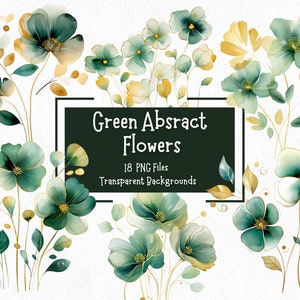 18 PNG Green & Gold Abstract Flowers Clipart Bundle | Transparent Backgrounds | Commercial Use | Printable Watercolour Flowers | Botanical