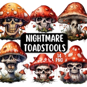 Pacchetto di clipart PNG di funghi spaventosi per Halloween, clipart di funghi teschio inquietanti, clipart di funghi spettrali, download digitale di foresta gotica