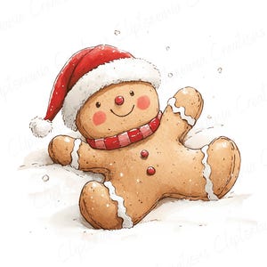 Puede incluir: Ilustraci&oacute;n en acuarela de un hombre de jengibre con un gorro y bufanda rojos de Pap&aacute; Noel. El hombre de jengibre tiene mejillas rosadas y una cara sonriente. La imagen tiene un tema festivo y navide&ntilde;o.