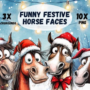 Grappige feestelijke paardengezichten 10 png-clipartbundel | Transparante achtergronden | Leuke en eigenzinnige kerstboerderijdier | Ontwerpen voor het maken van kaarten